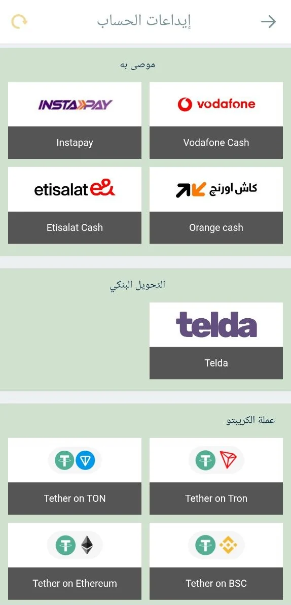 صفحة إيداعات الحساب في تطبيق Melbet لحساب بالجنيه المصري: InstaPay وVodafone Cash وEtisalat Cash وOrange Cash وTelda وUSDT